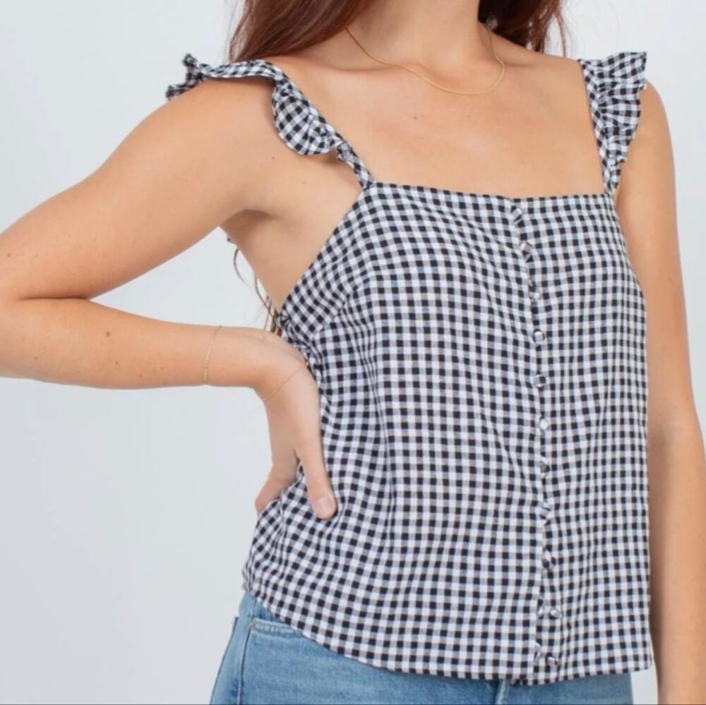 Madewell Linen Gingham Ruffle Camisole Square Neck Blouse